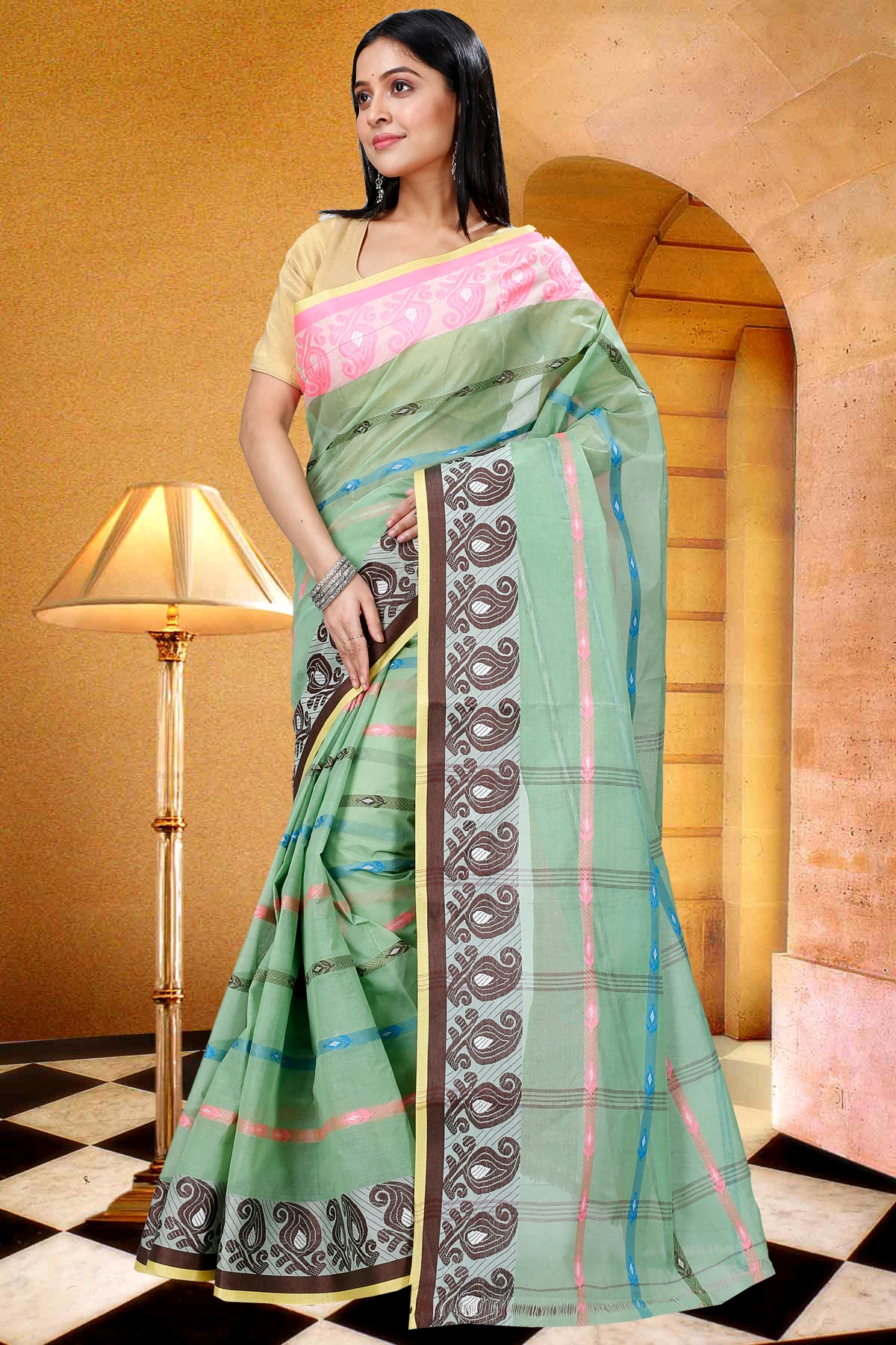 Light Green Pure Cotton Nehan Tant Saree (1353)