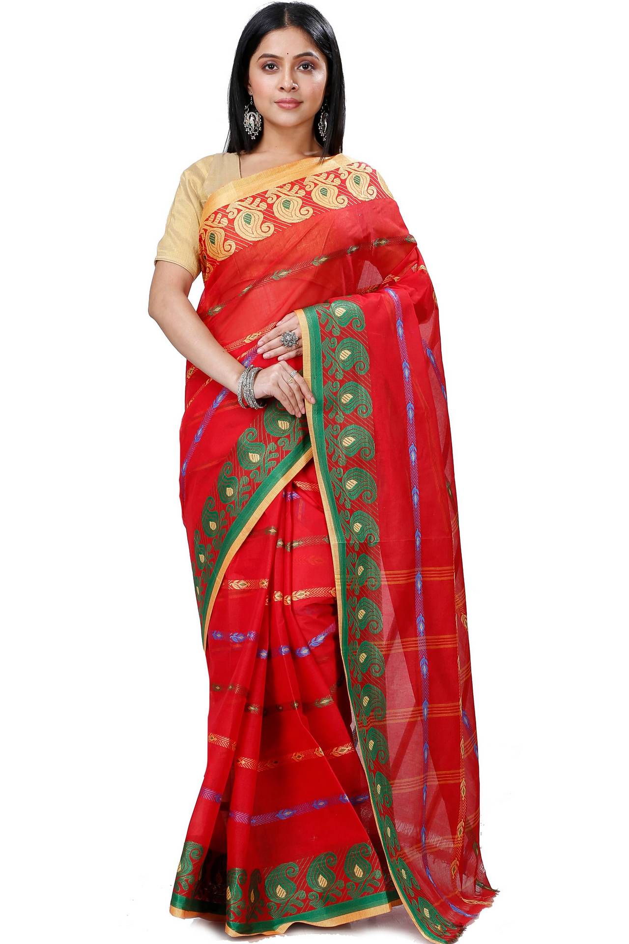 Red Pure Cotton Nehan Tant Saree (1354)