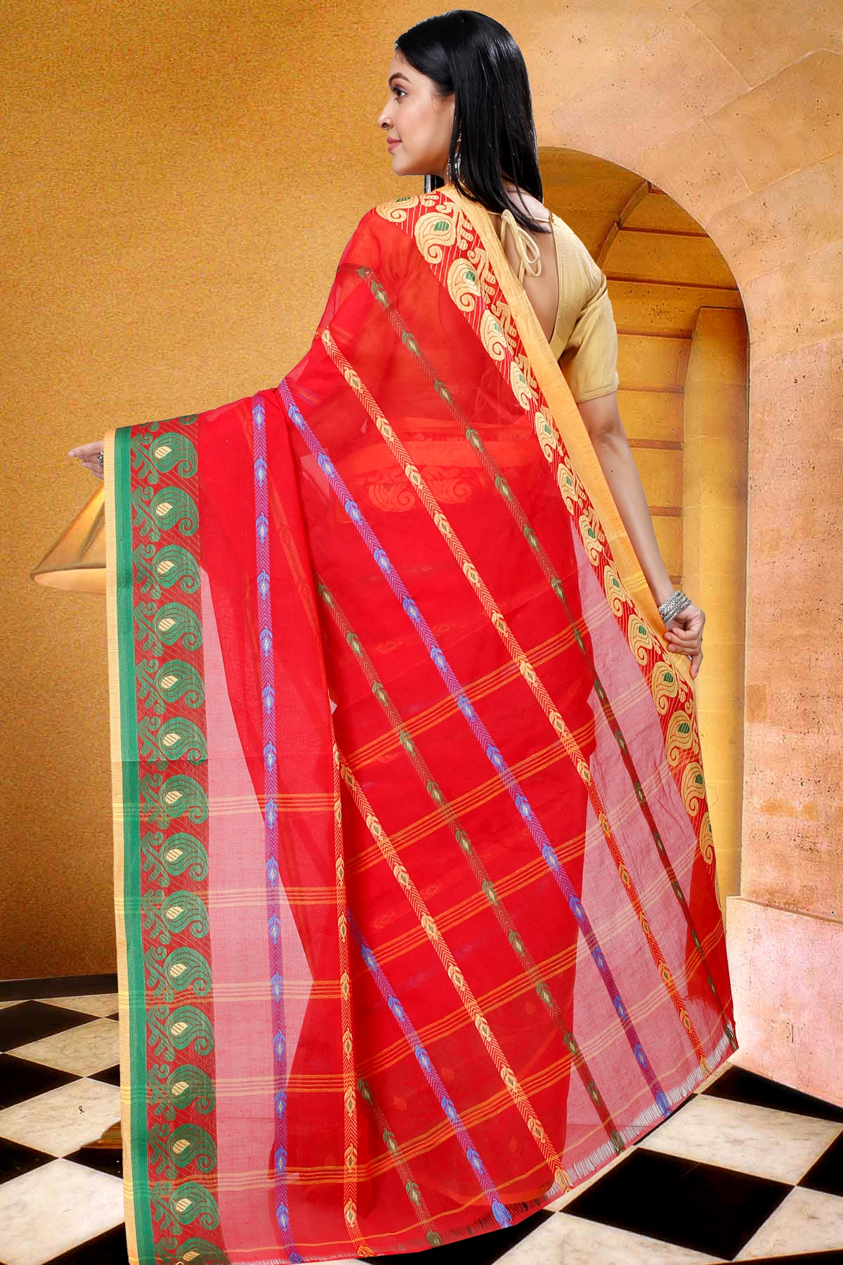 Red Pure Cotton Nehan Tant Saree (1354)