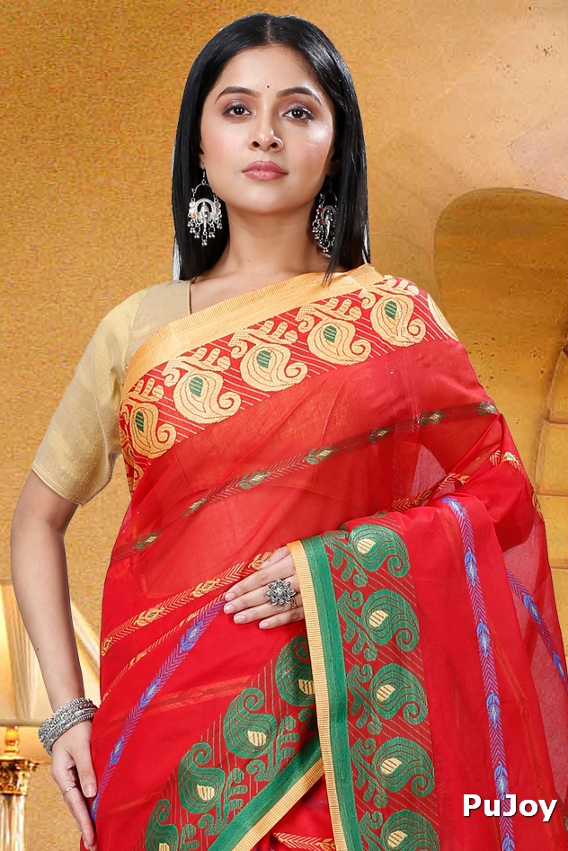 Red Pure Cotton Nehan Tant Saree (1354)