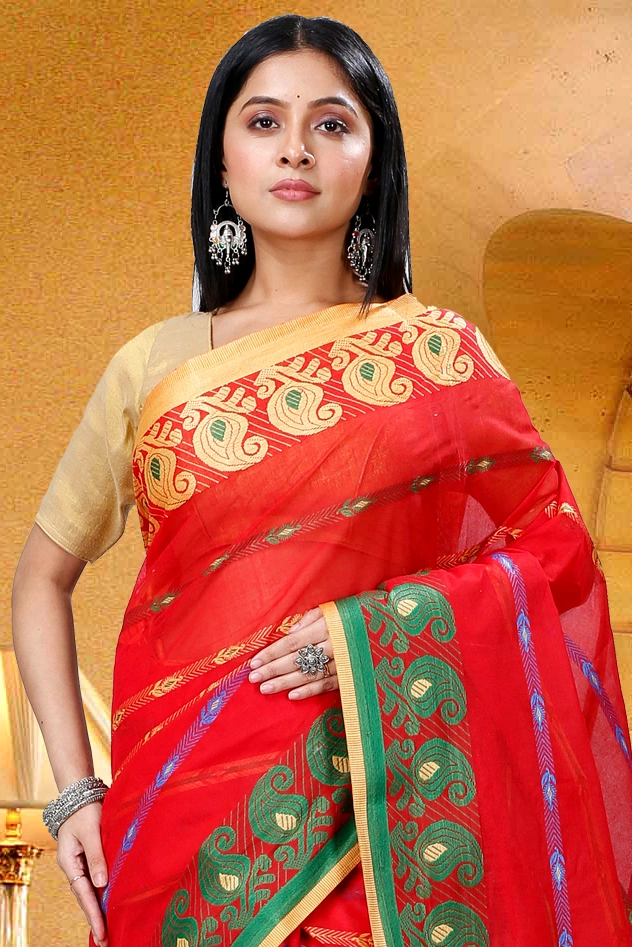 Red Pure Cotton Nehan Tant Saree (1354)