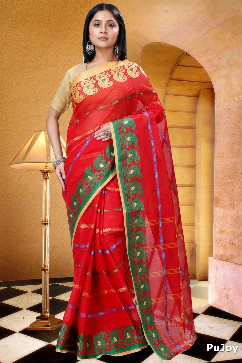 Red Pure Cotton Nehan Tant Saree (1354)