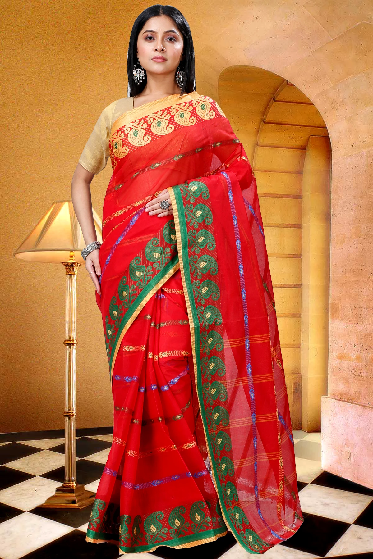 Red Pure Cotton Nehan Tant Saree (1354)