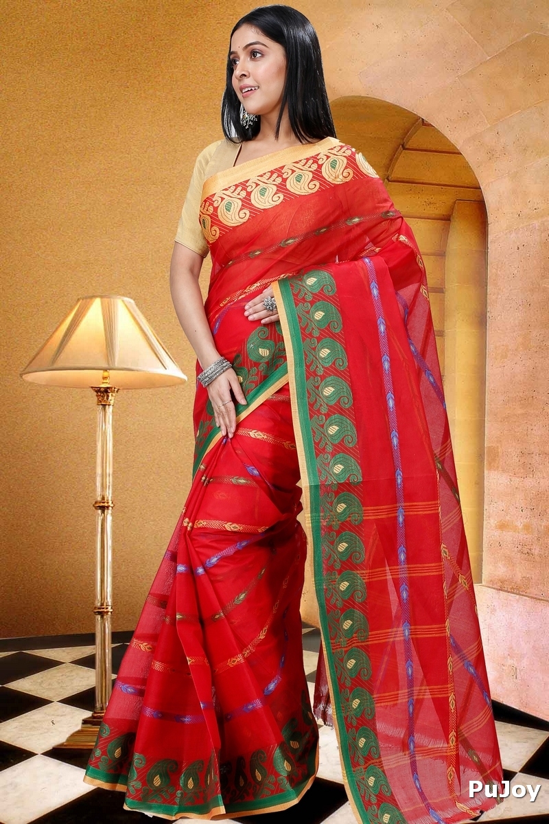 Red Pure Cotton Nehan Tant Saree (1354)