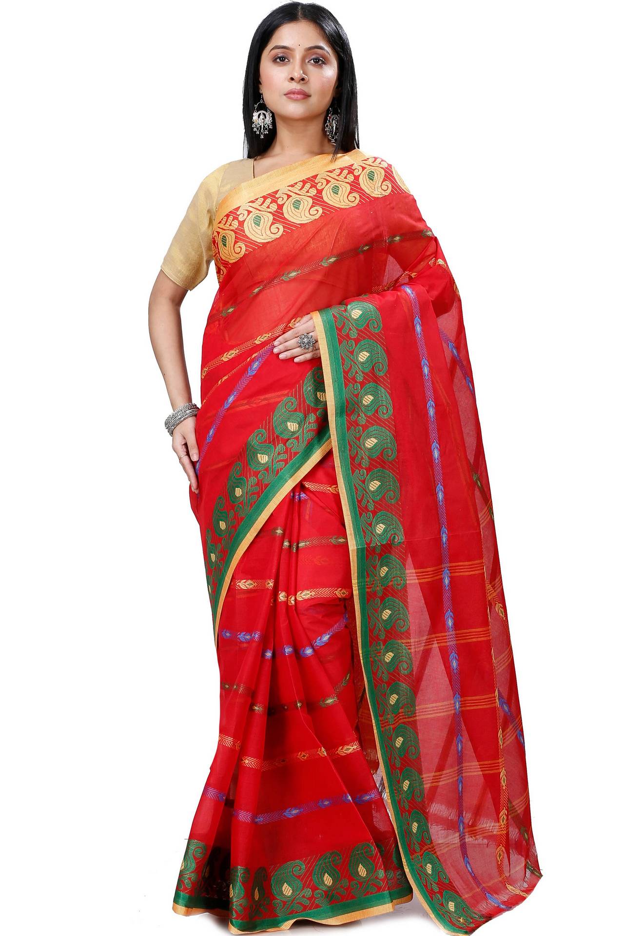 Red Pure Cotton Nehan Tant Saree (1354)