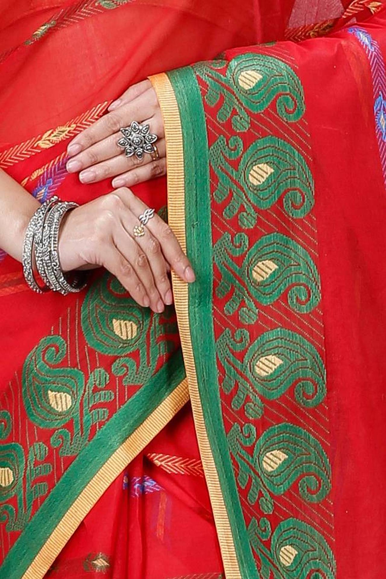 Red Pure Cotton Nehan Tant Saree (1354)