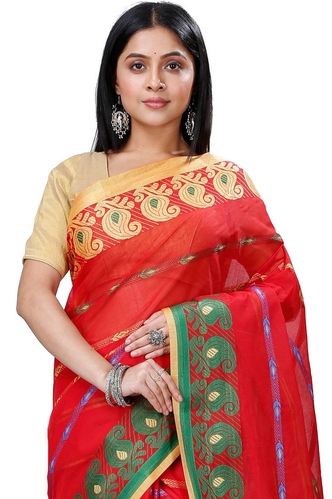 Red Pure Cotton Nehan Tant Saree (1354)