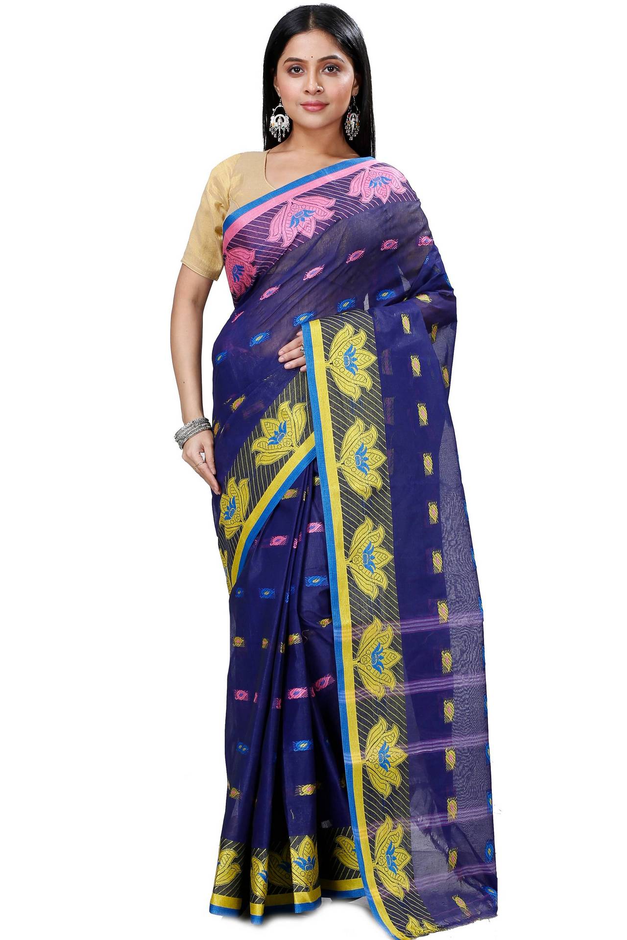 Dark Blue Pure Cotton Nayan Tant Saree (1358)