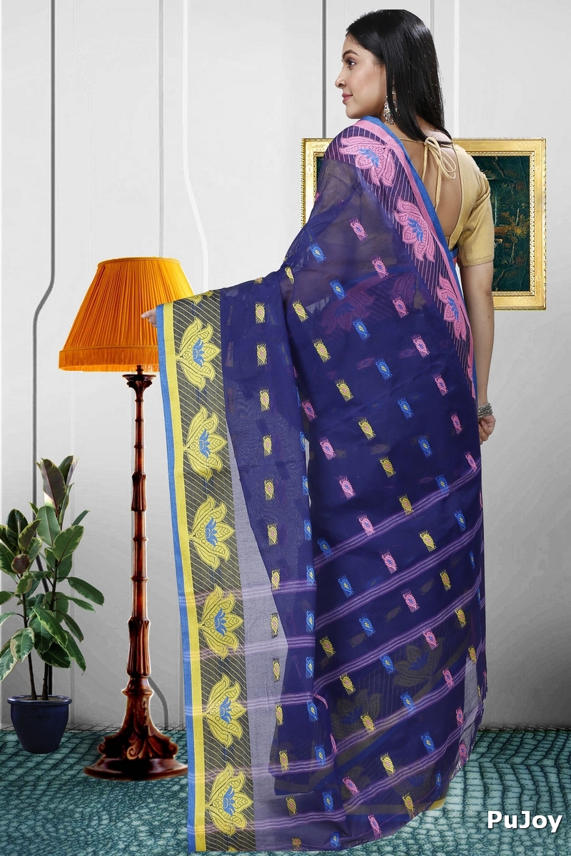 Dark Blue Pure Cotton Nayan Tant Saree (1358)
