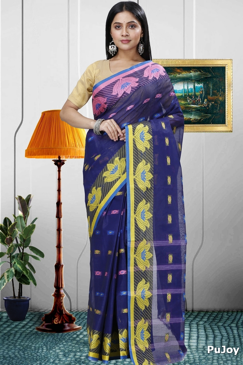 Dark Blue Pure Cotton Nayan Tant Saree (1358)