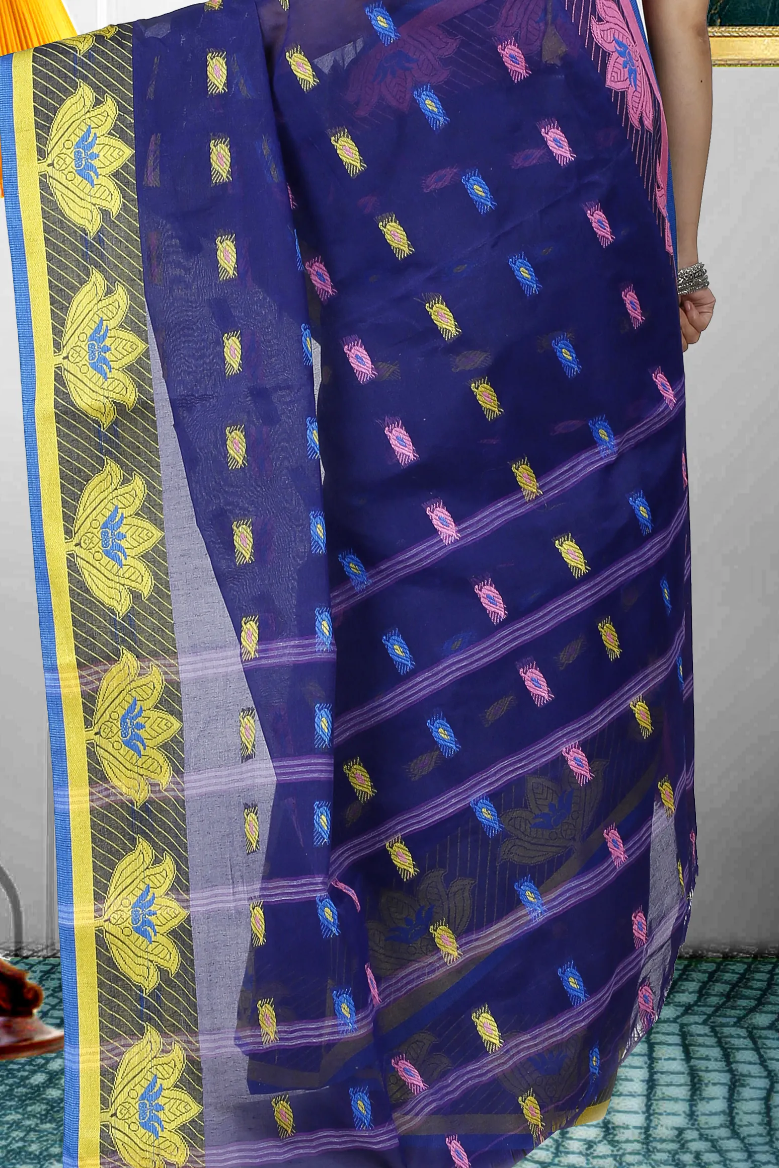Dark Blue Pure Cotton Nayan Tant Saree (1358)