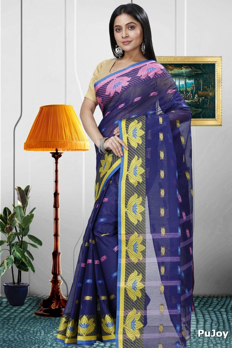 Dark Blue Pure Cotton Nayan Tant Saree (1358)