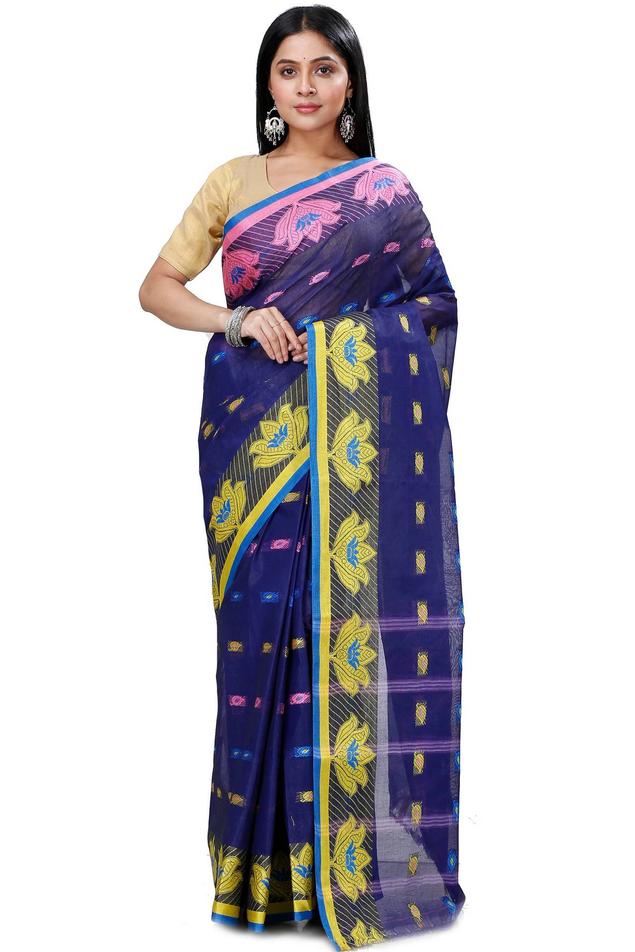 Dark Blue Pure Cotton Nayan Tant Saree (1358)