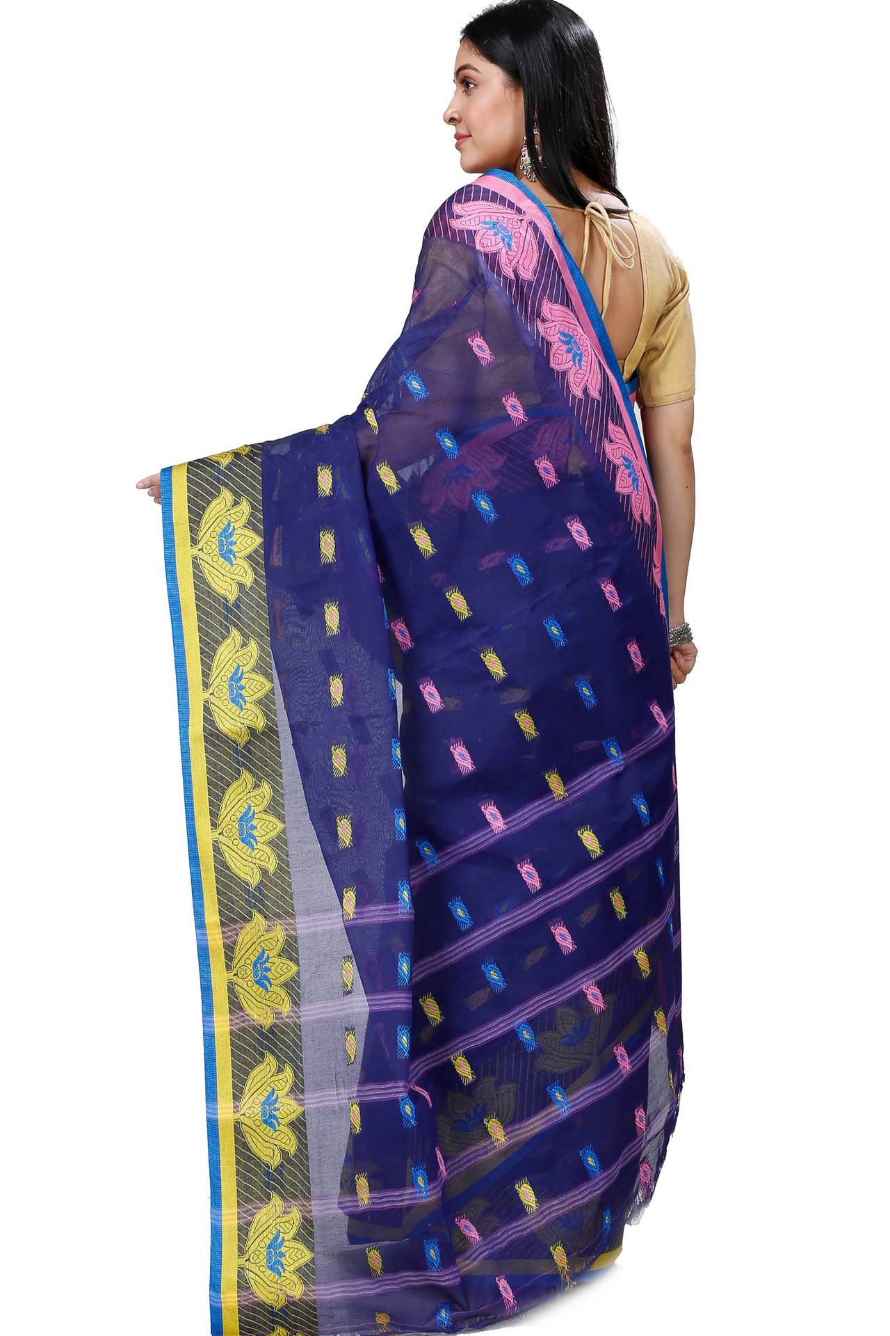 Dark Blue Pure Cotton Nayan Tant Saree (1358)