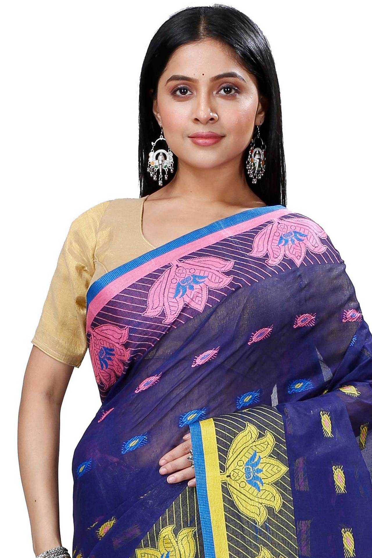 Dark Blue Pure Cotton Nayan Tant Saree (1358)