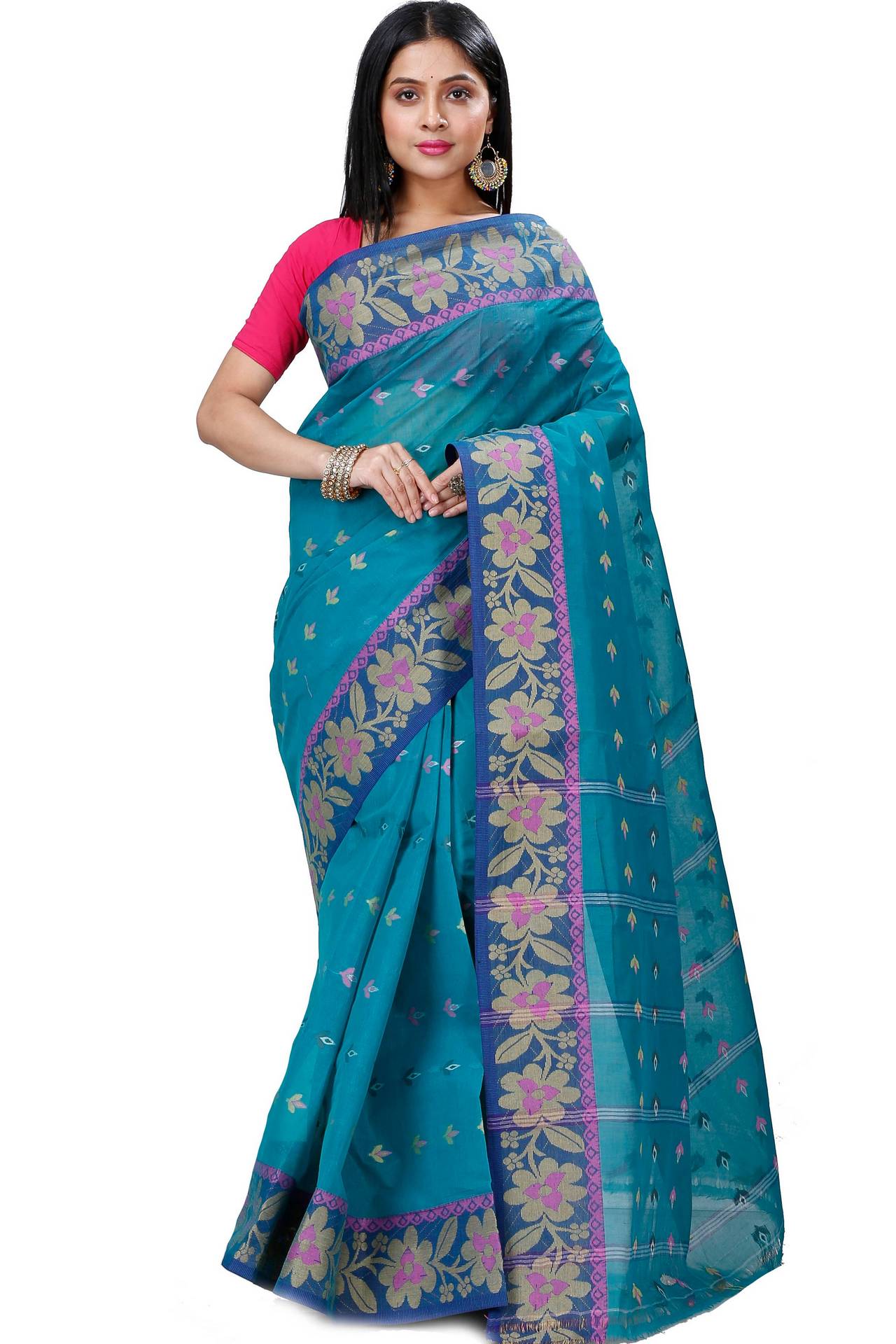 Dark Green Pure Cotton Numan Tant Saree (1366)