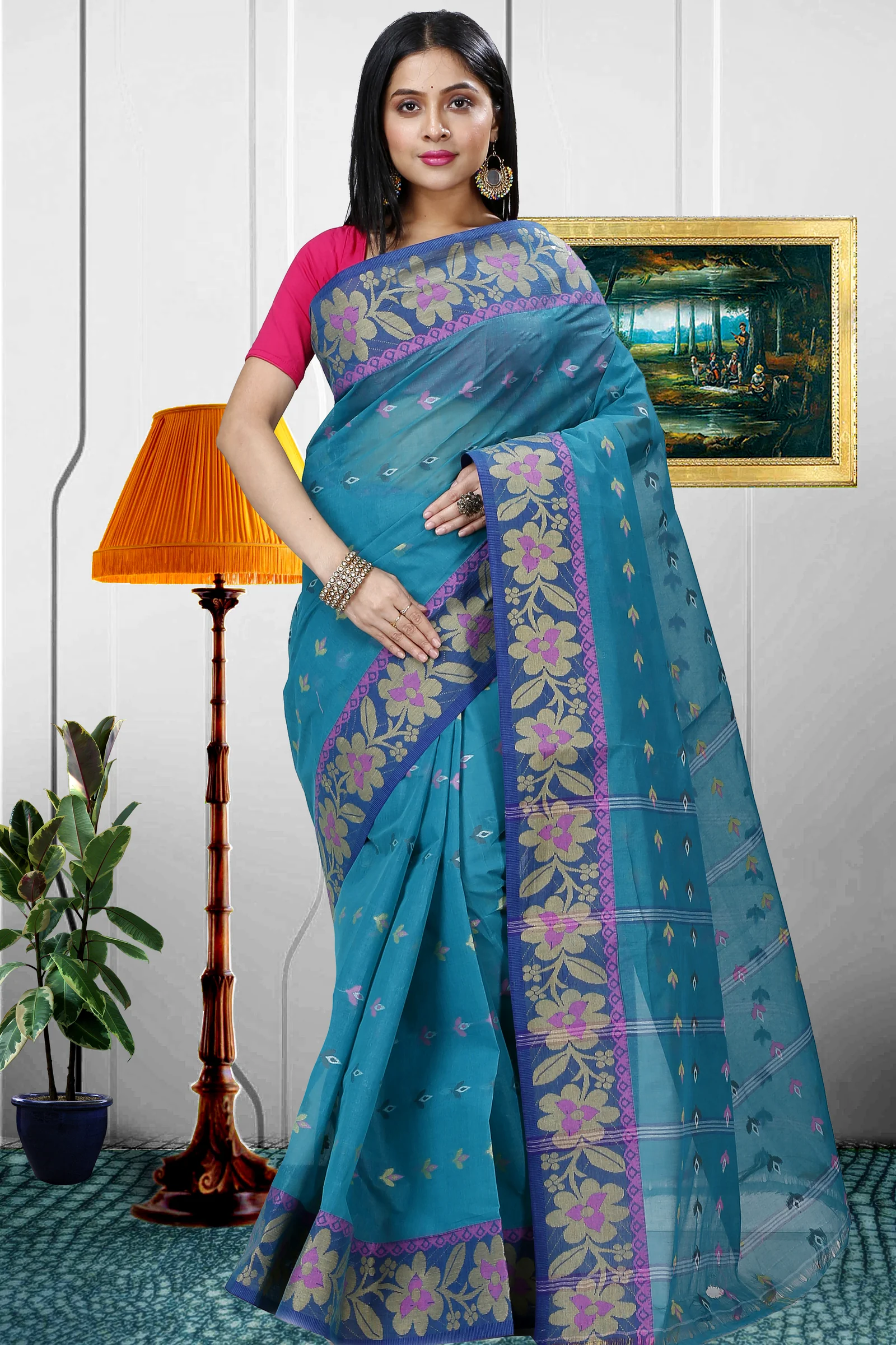 Dark Green Pure Cotton Numan Tant Saree (1366)