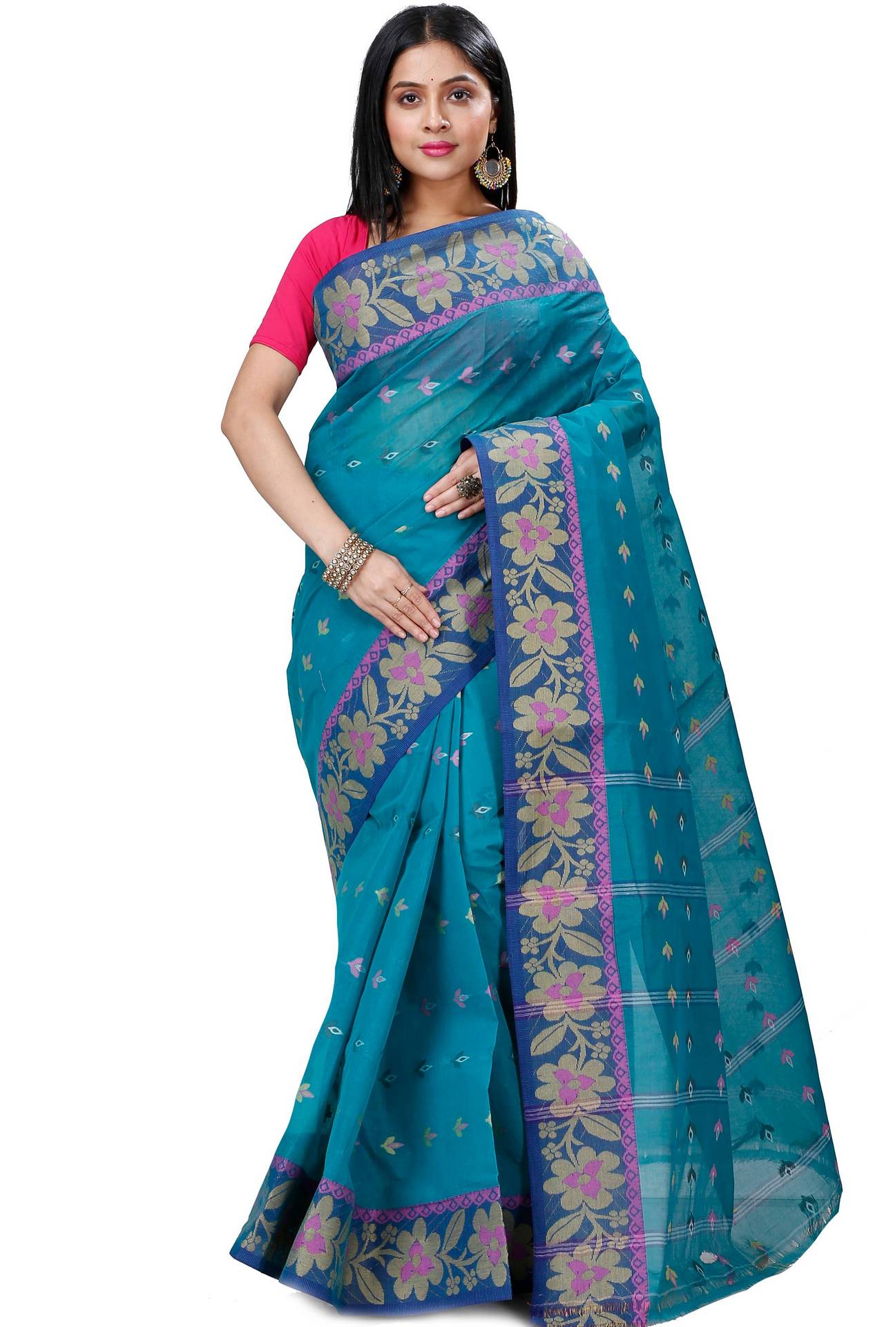 Dark Green Pure Cotton Numan Tant Saree (1366)