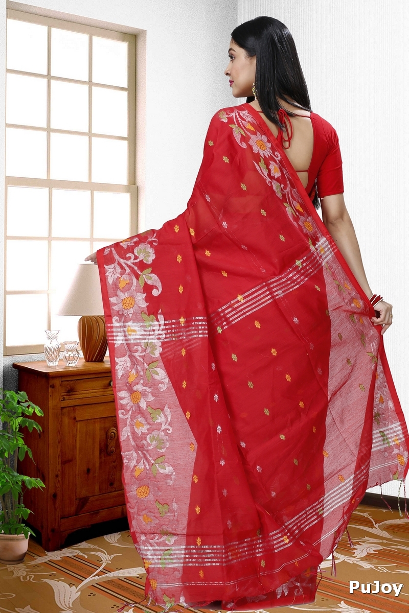 Red Blended Cotton Nisa Hand Loom Saree (1368)