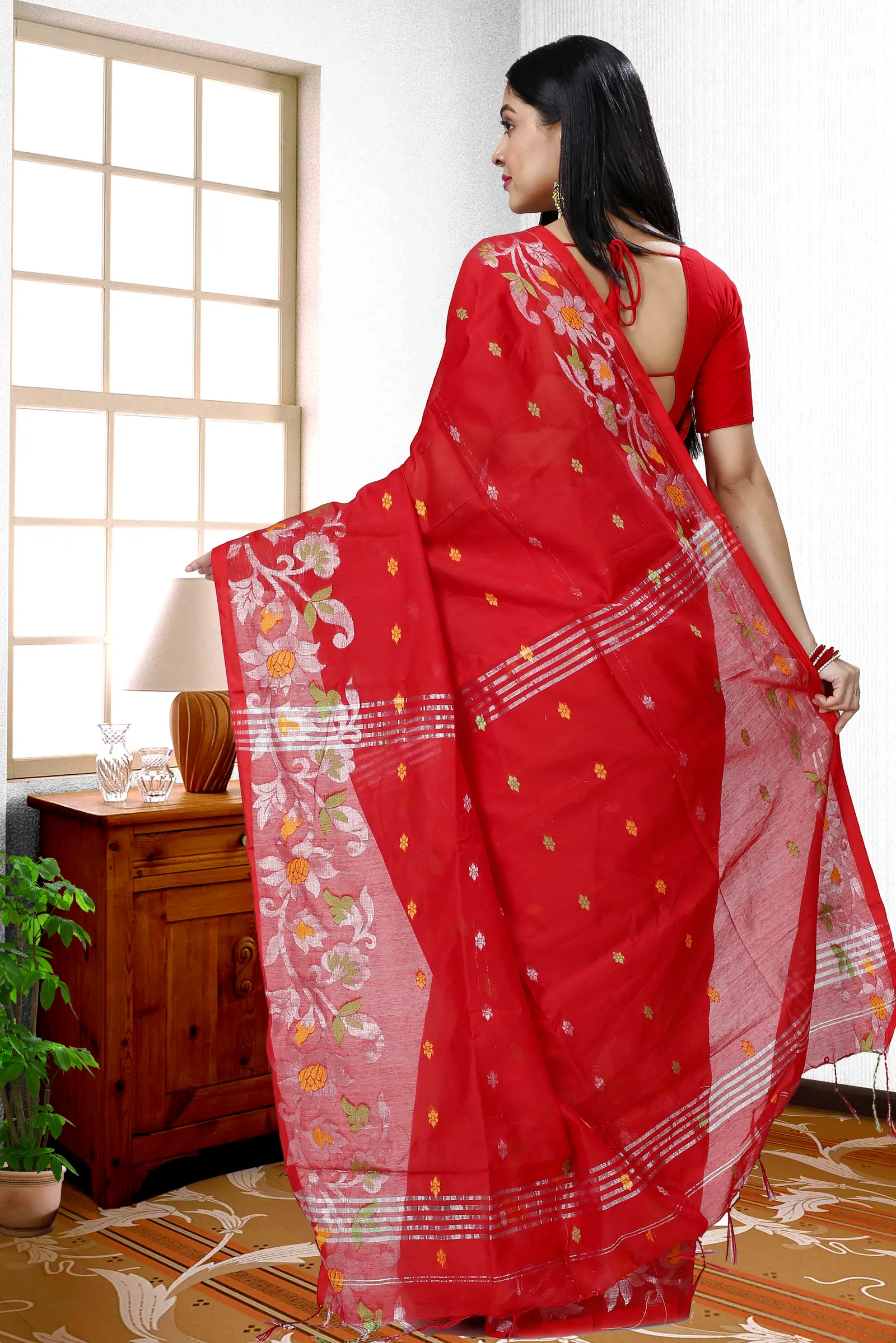 Red Blended Cotton Nisa Hand Loom Saree (1368)