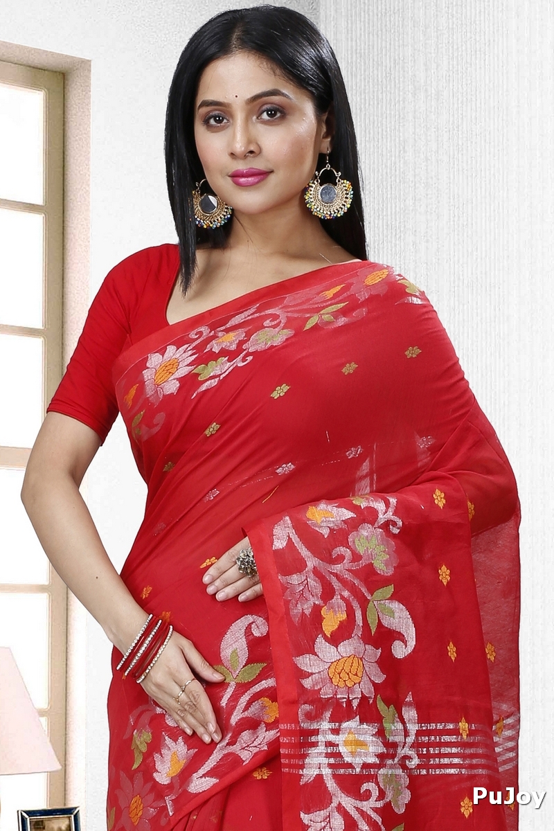 Red Blended Cotton Nisa Hand Loom Saree (1368)