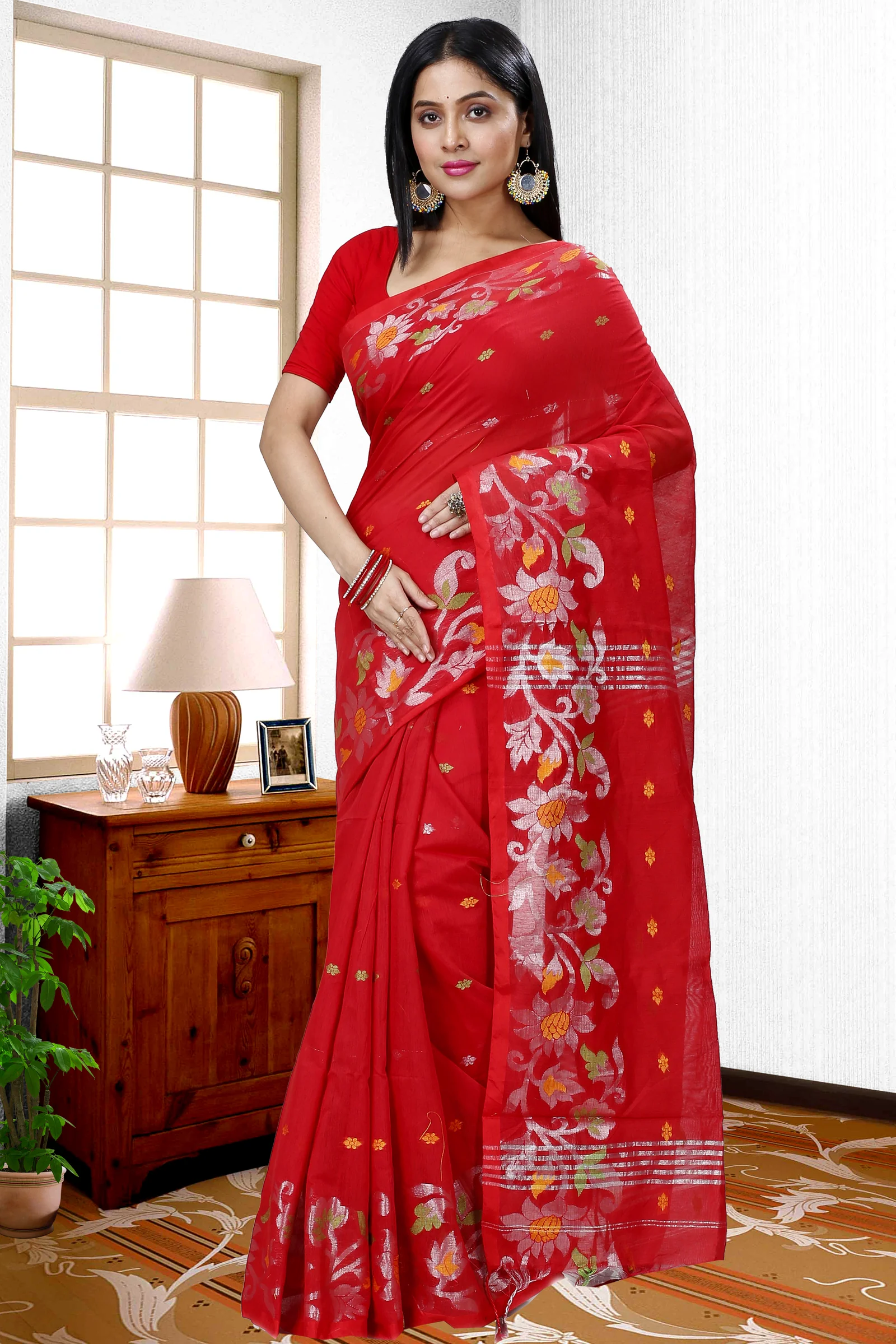 Red Blended Cotton Nisa Hand Loom Saree (1368)