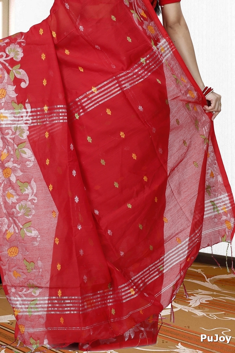 Red Blended Cotton Nisa Hand Loom Saree (1368)
