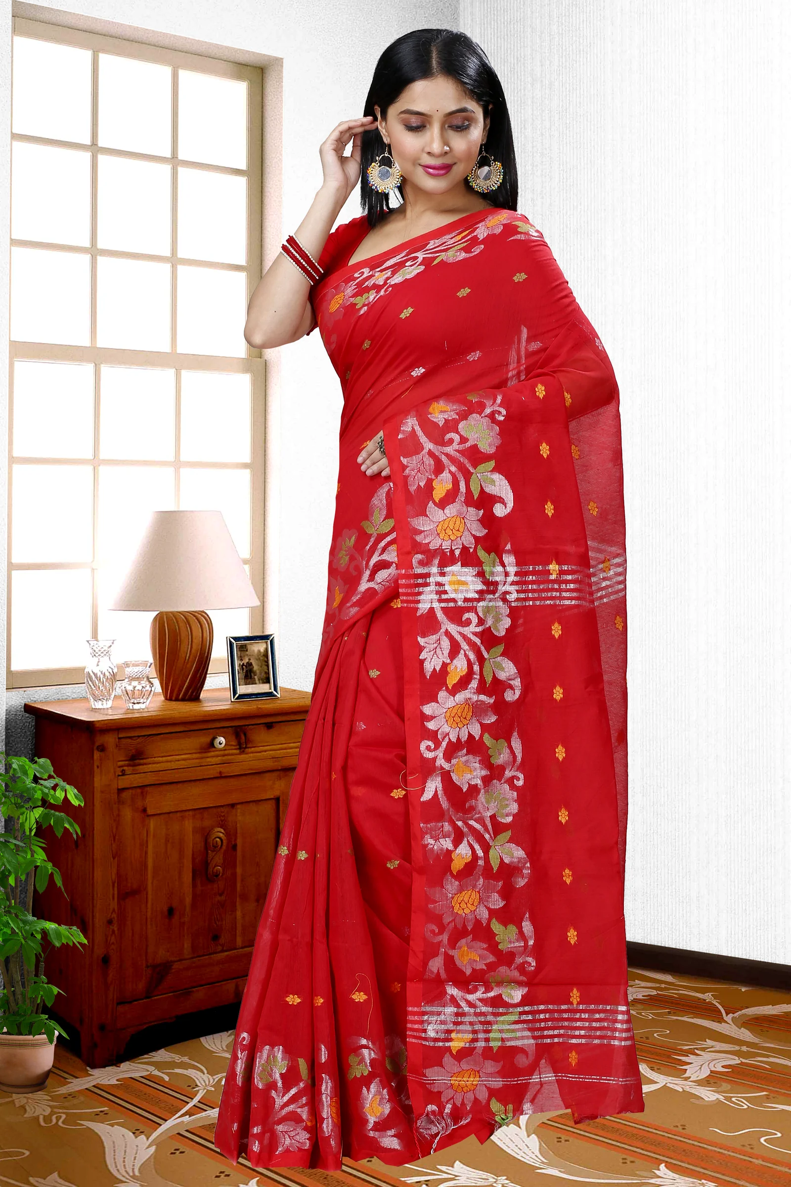 Red Blended Cotton Nisa Hand Loom Saree (1368)