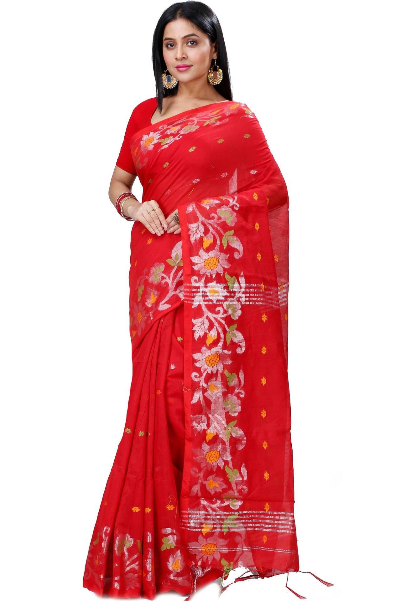 Red Blended Cotton Nisa Hand Loom Saree (1368)