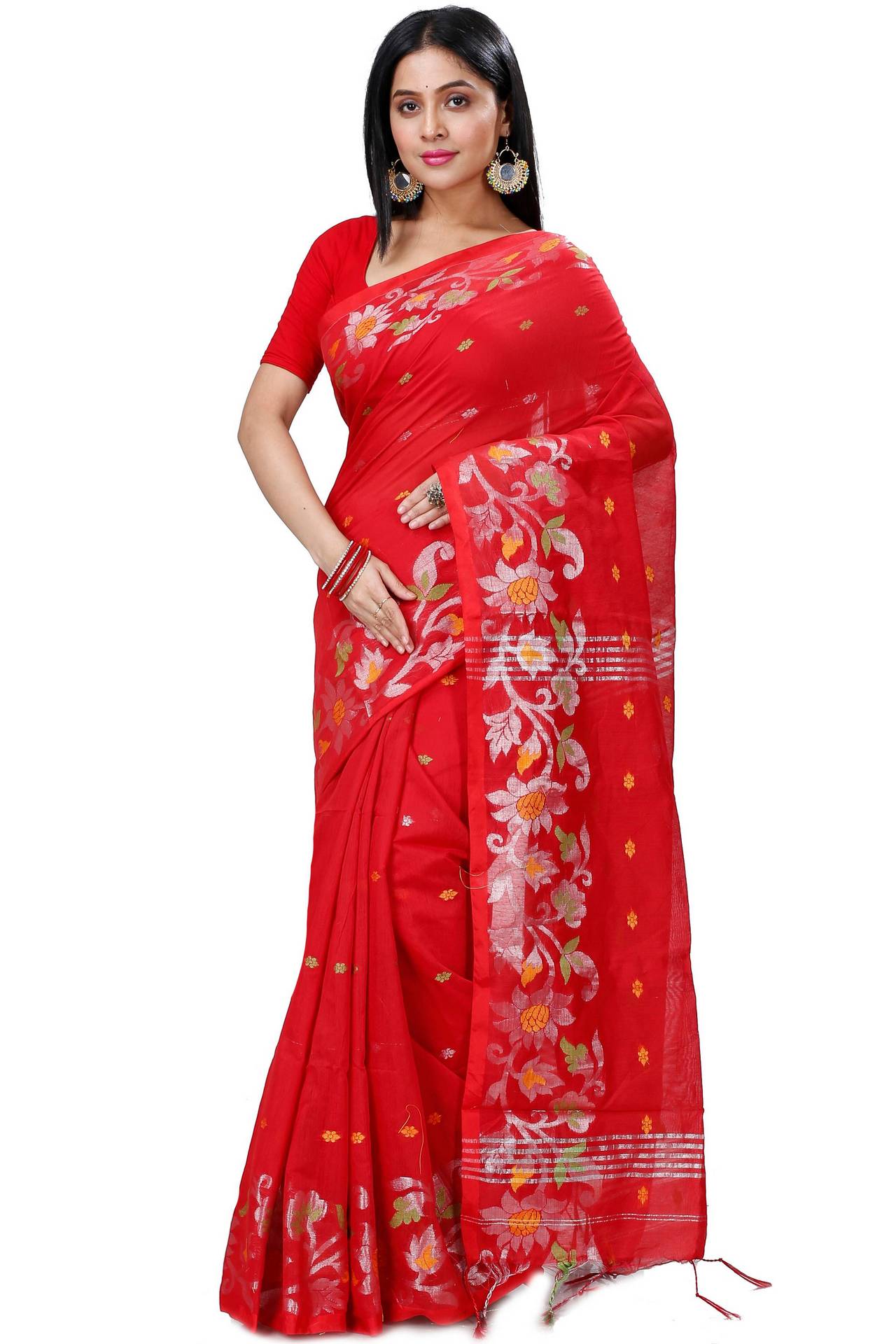 Red Blended Cotton Nisa Hand Loom Saree (1368)