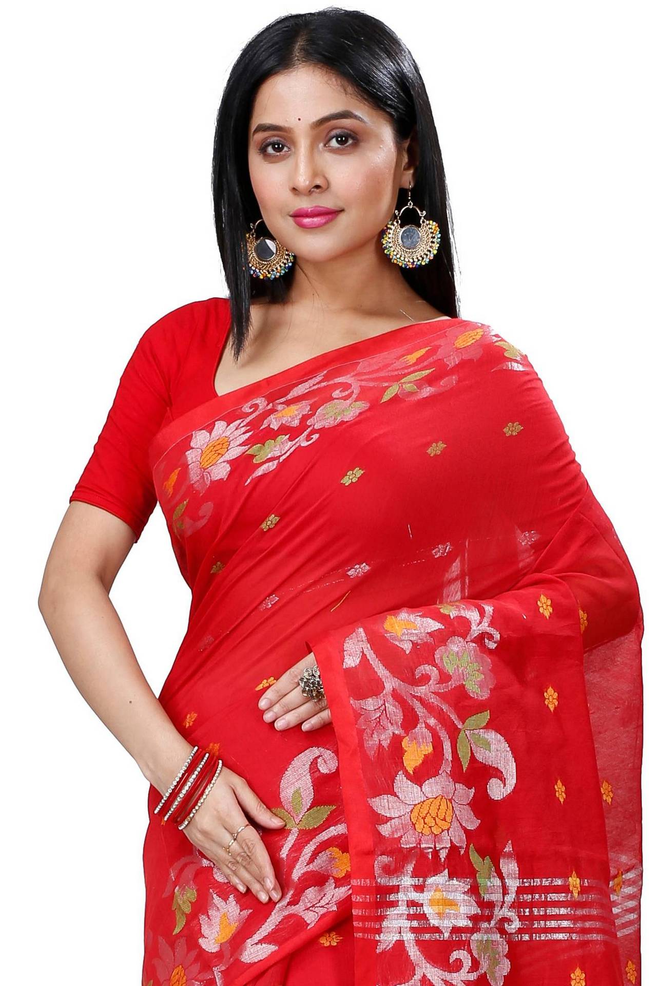 Red Blended Cotton Nisa Hand Loom Saree (1368)