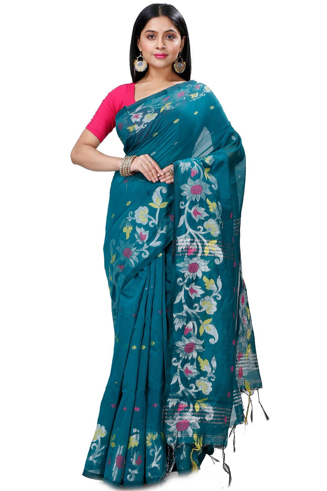 Dark Green Blended Cotton Nisa Hand Loom Saree (1369)
