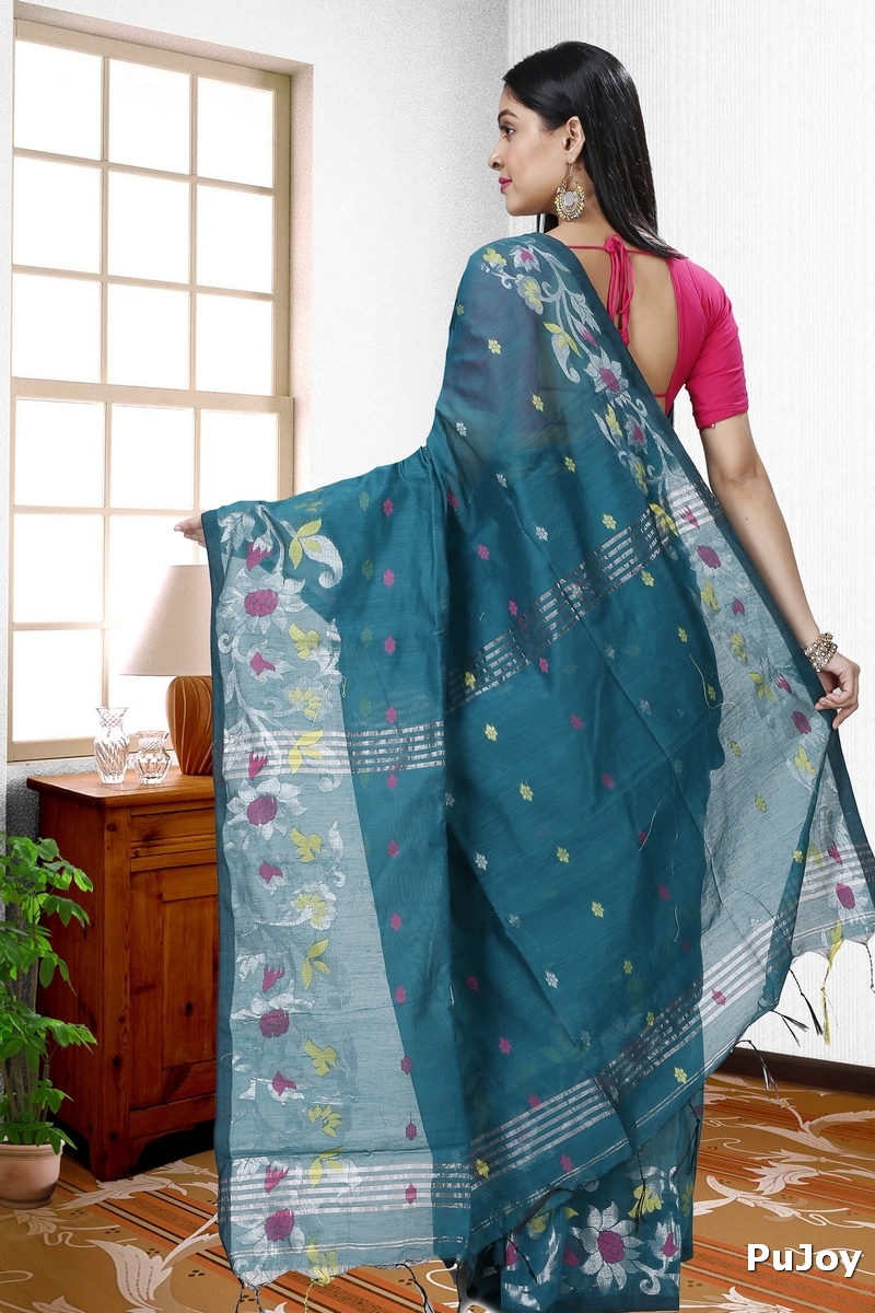 Dark Green Blended Cotton Nisa Hand Loom Saree (1369)