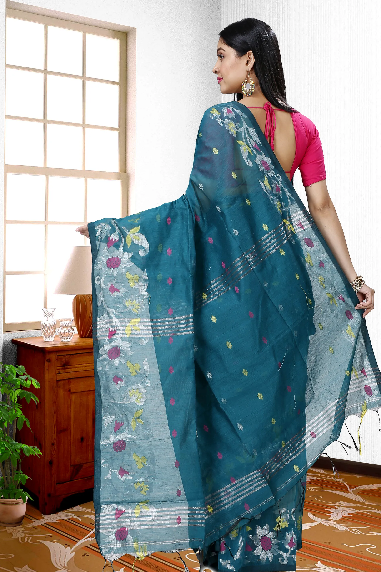 Dark Green Blended Cotton Nisa Hand Loom Saree (1369)