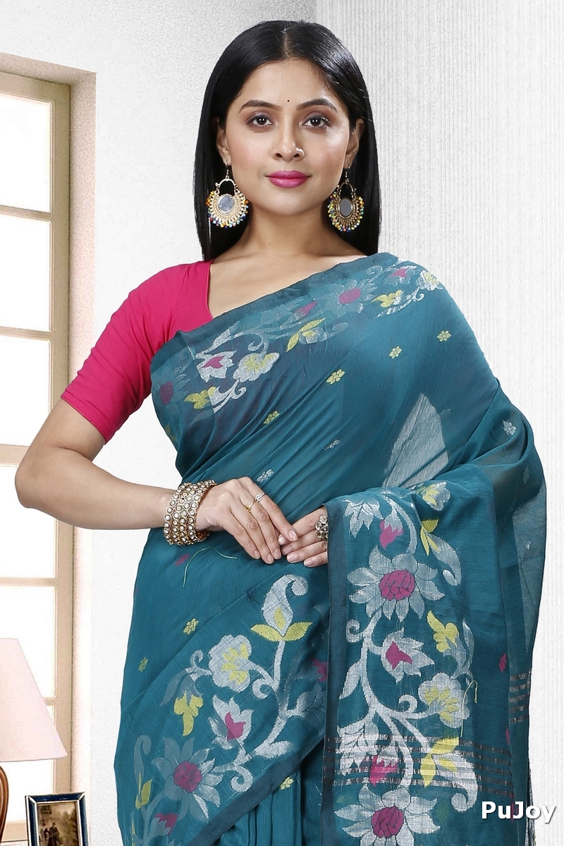 Dark Green Blended Cotton Nisa Hand Loom Saree (1369)