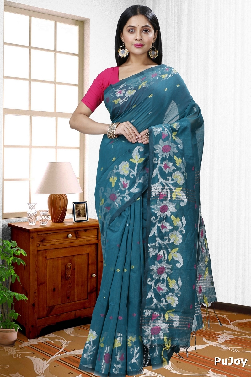 Dark Green Blended Cotton Nisa Hand Loom Saree (1369)