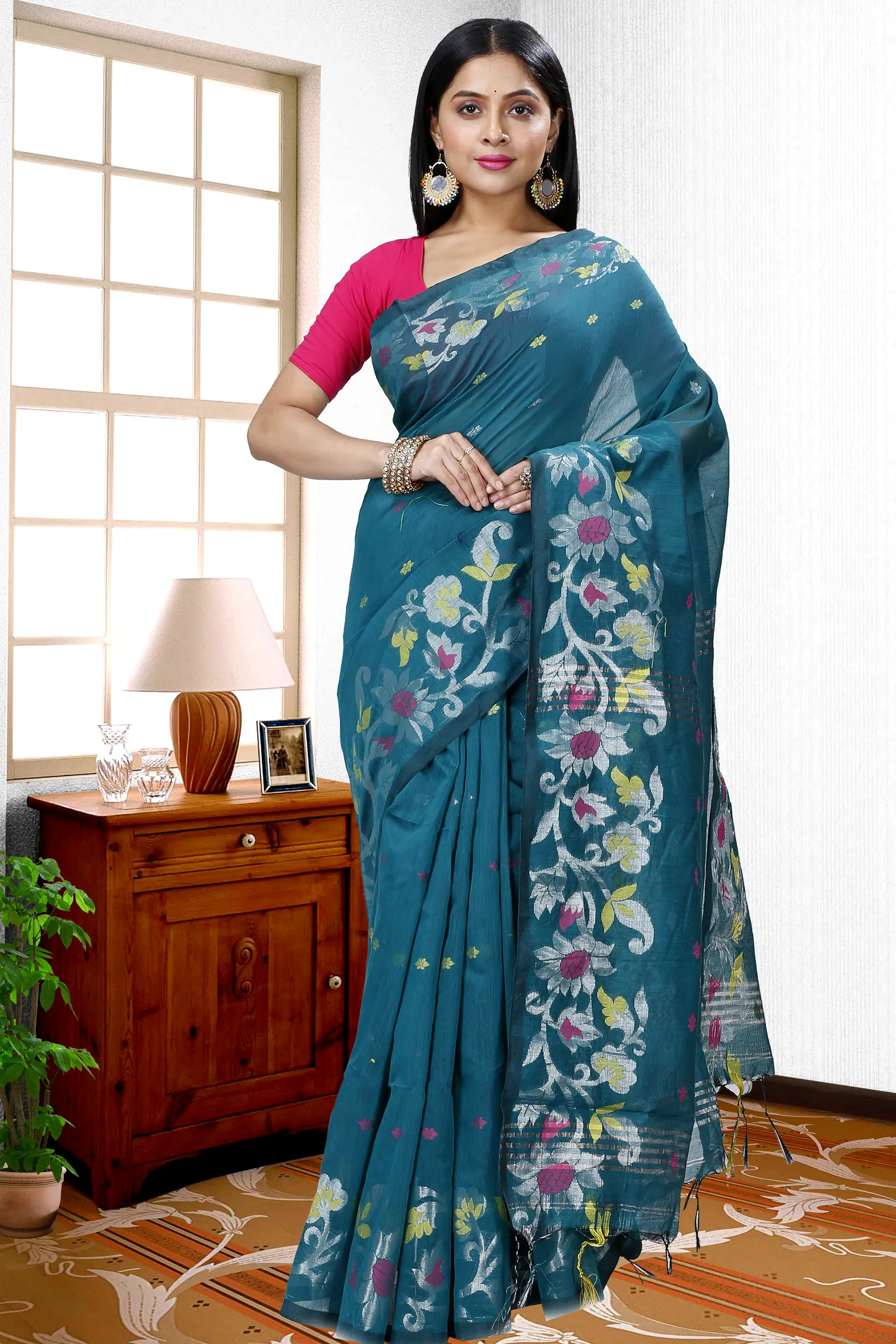 Dark Green Blended Cotton Nisa Hand Loom Saree (1369)