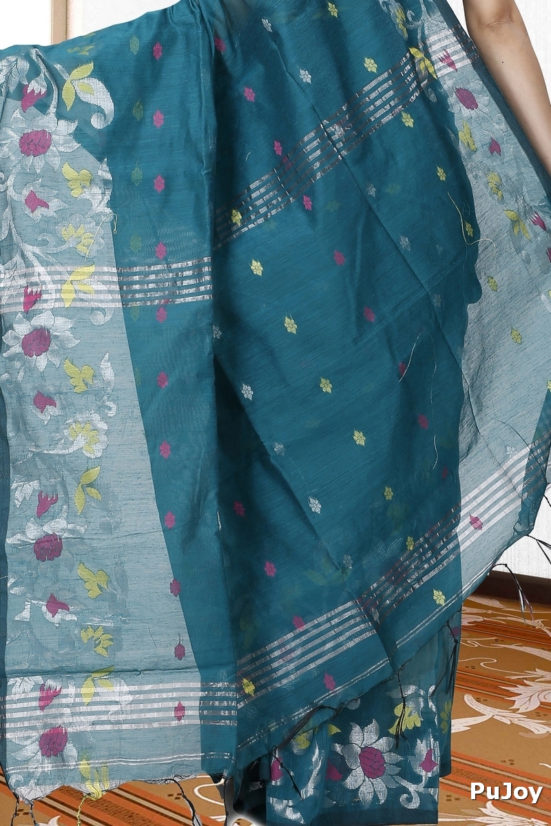 Dark Green Blended Cotton Nisa Hand Loom Saree (1369)