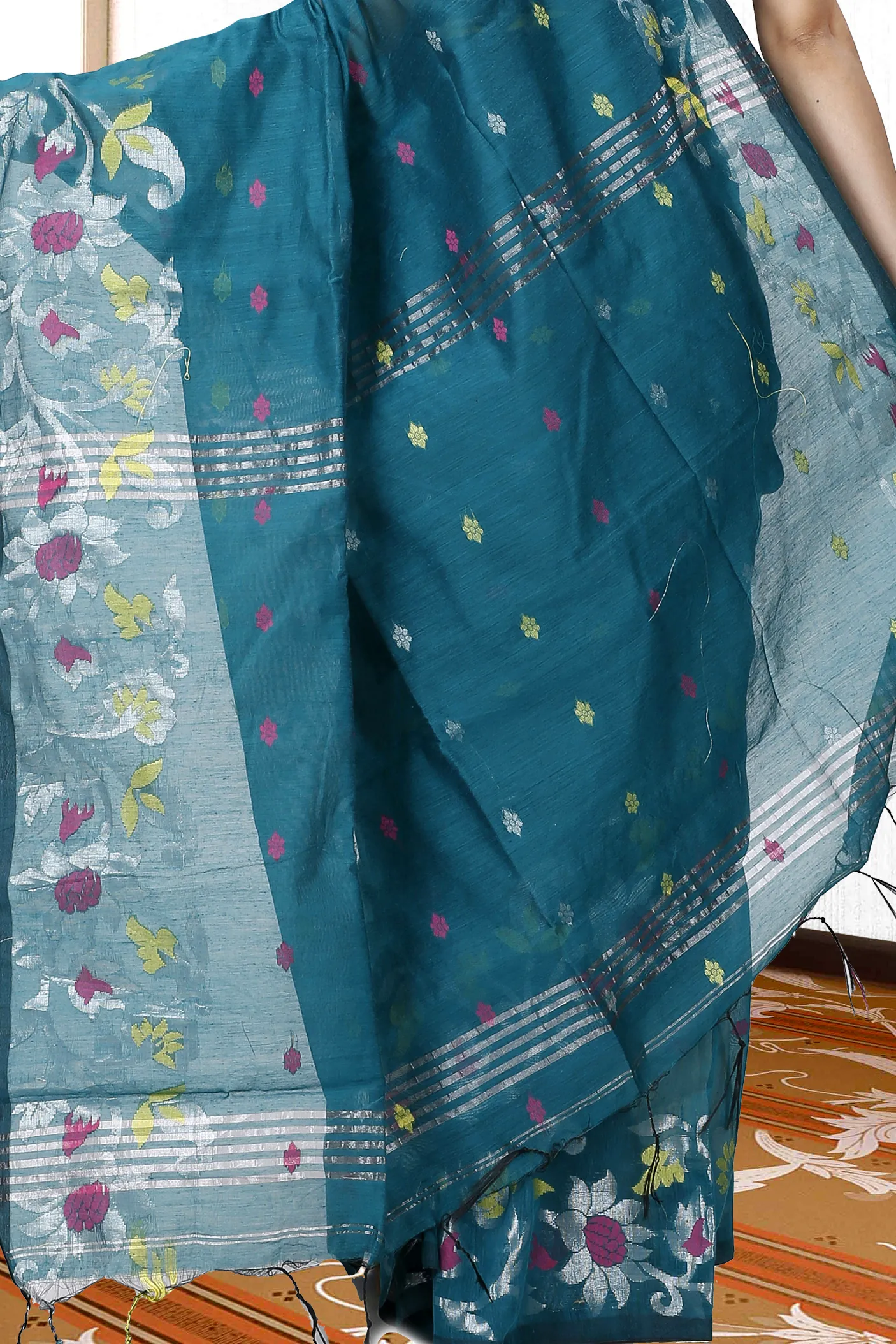 Dark Green Blended Cotton Nisa Hand Loom Saree (1369)