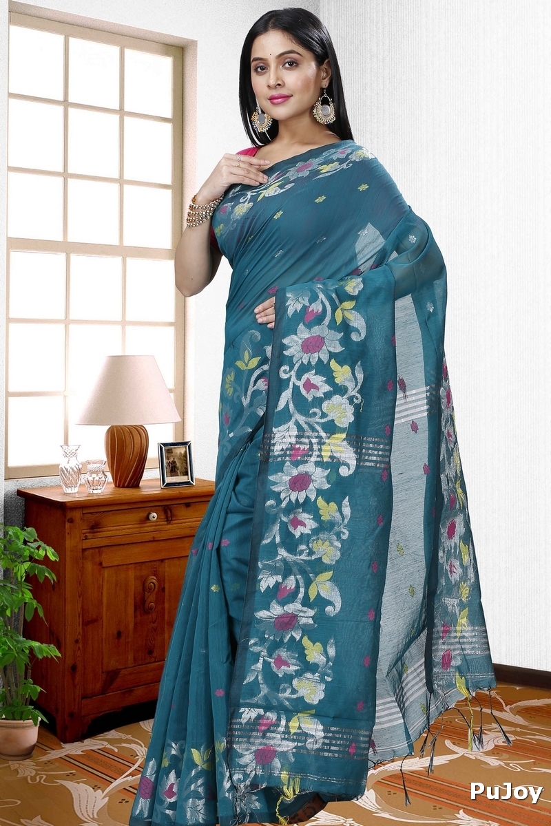 Dark Green Blended Cotton Nisa Hand Loom Saree (1369)