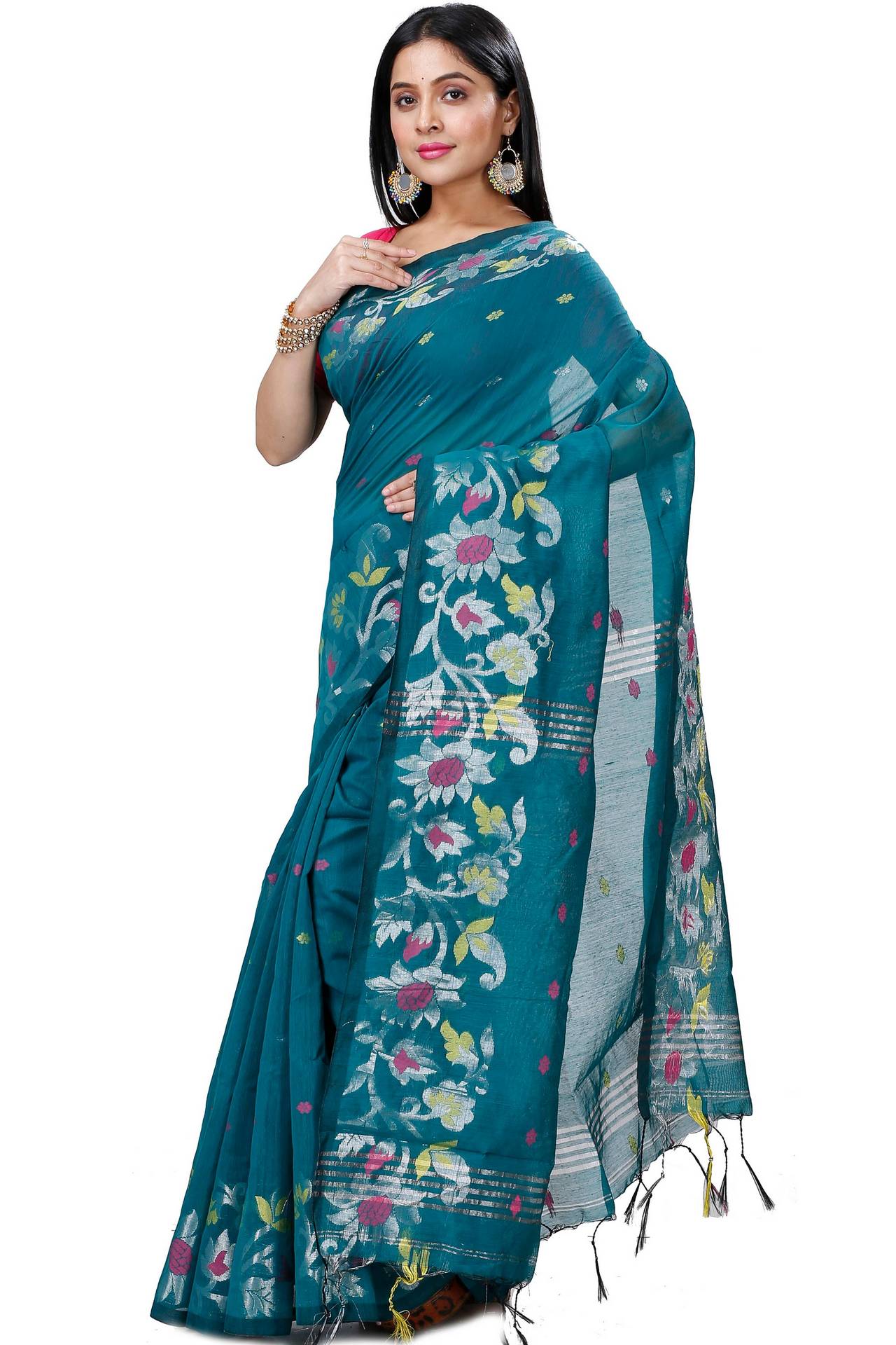 Dark Green Blended Cotton Nisa Hand Loom Saree (1369)