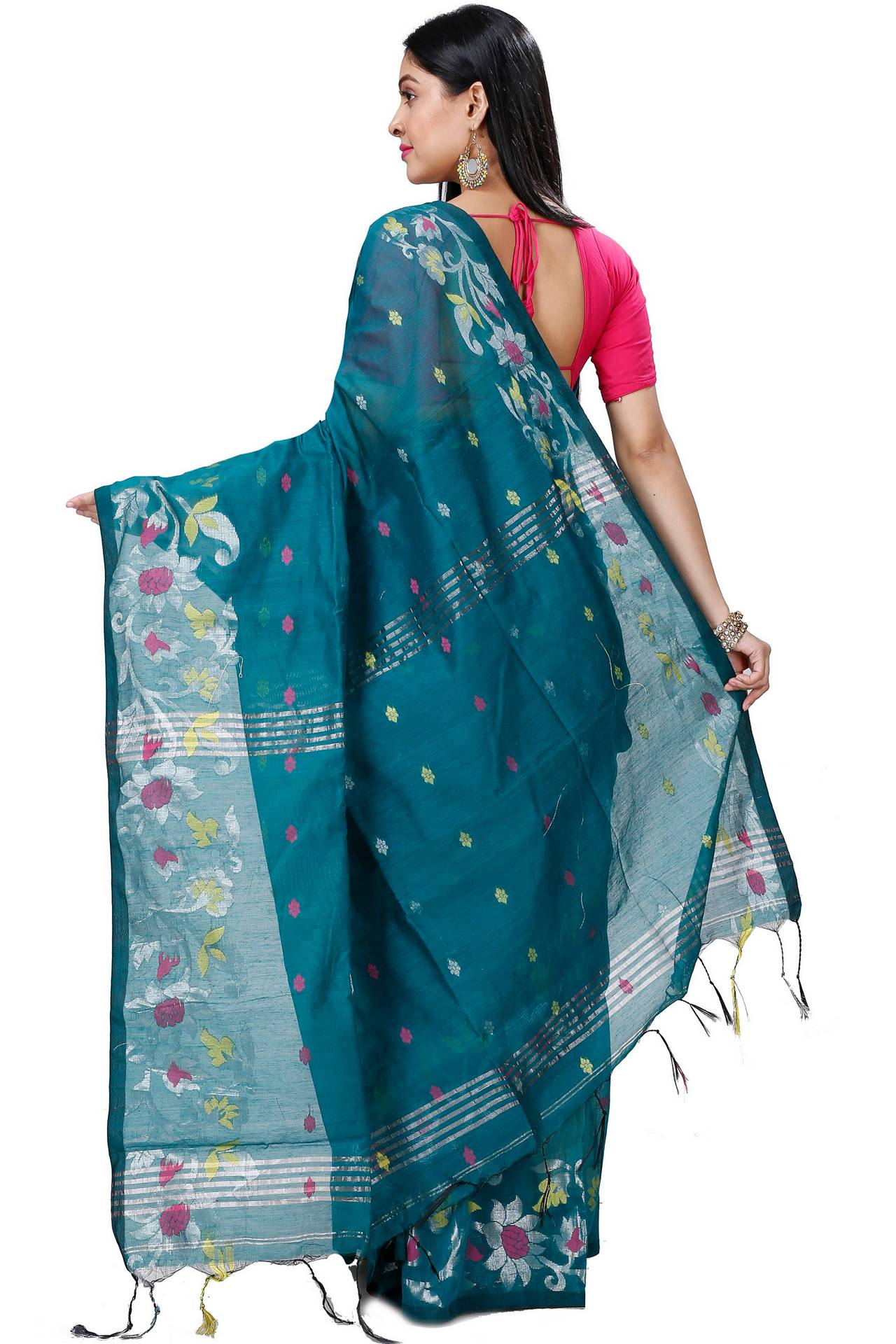 Dark Green Blended Cotton Nisa Hand Loom Saree (1369)