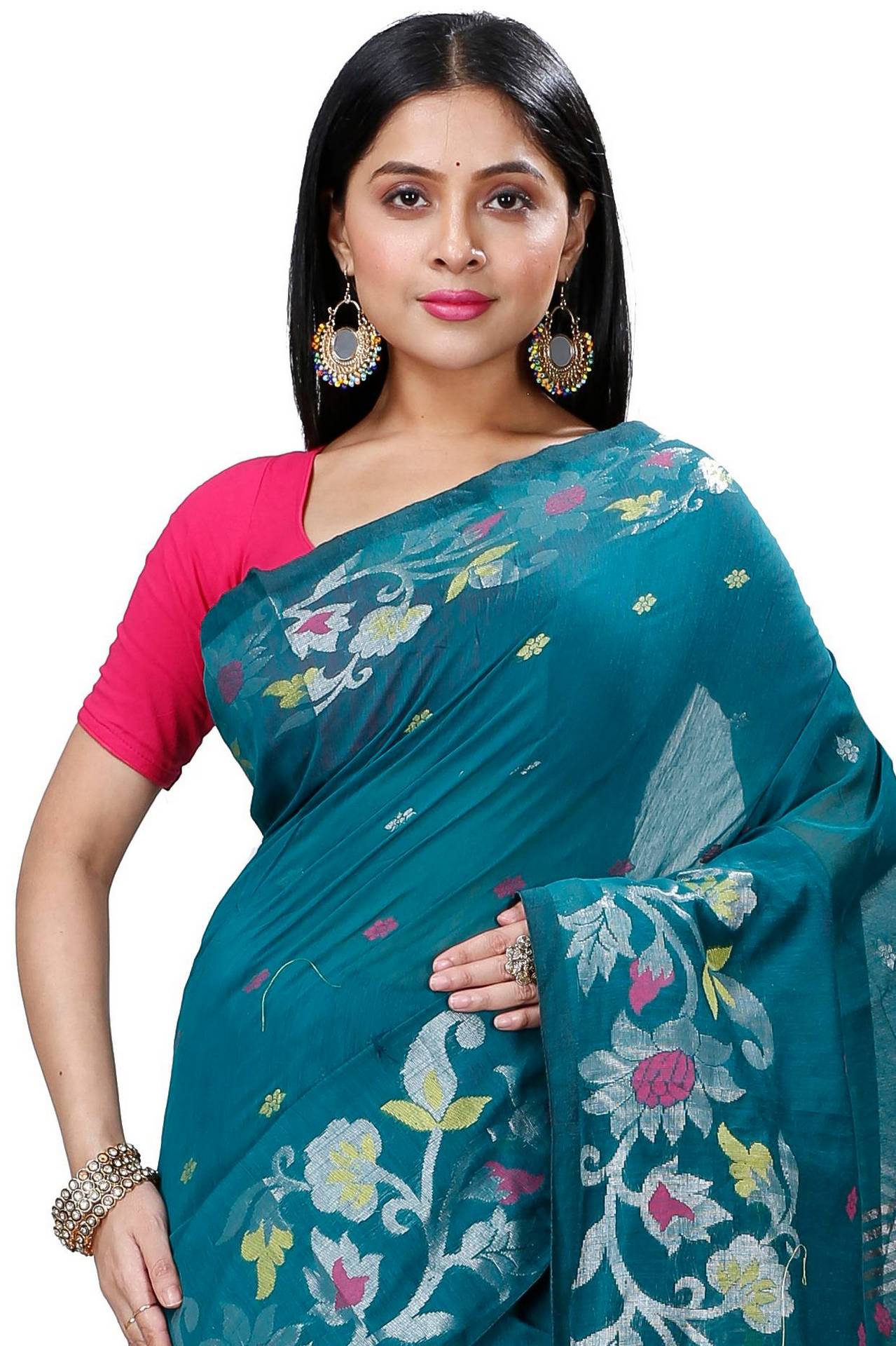 Dark Green Blended Cotton Nisa Hand Loom Saree (1369)