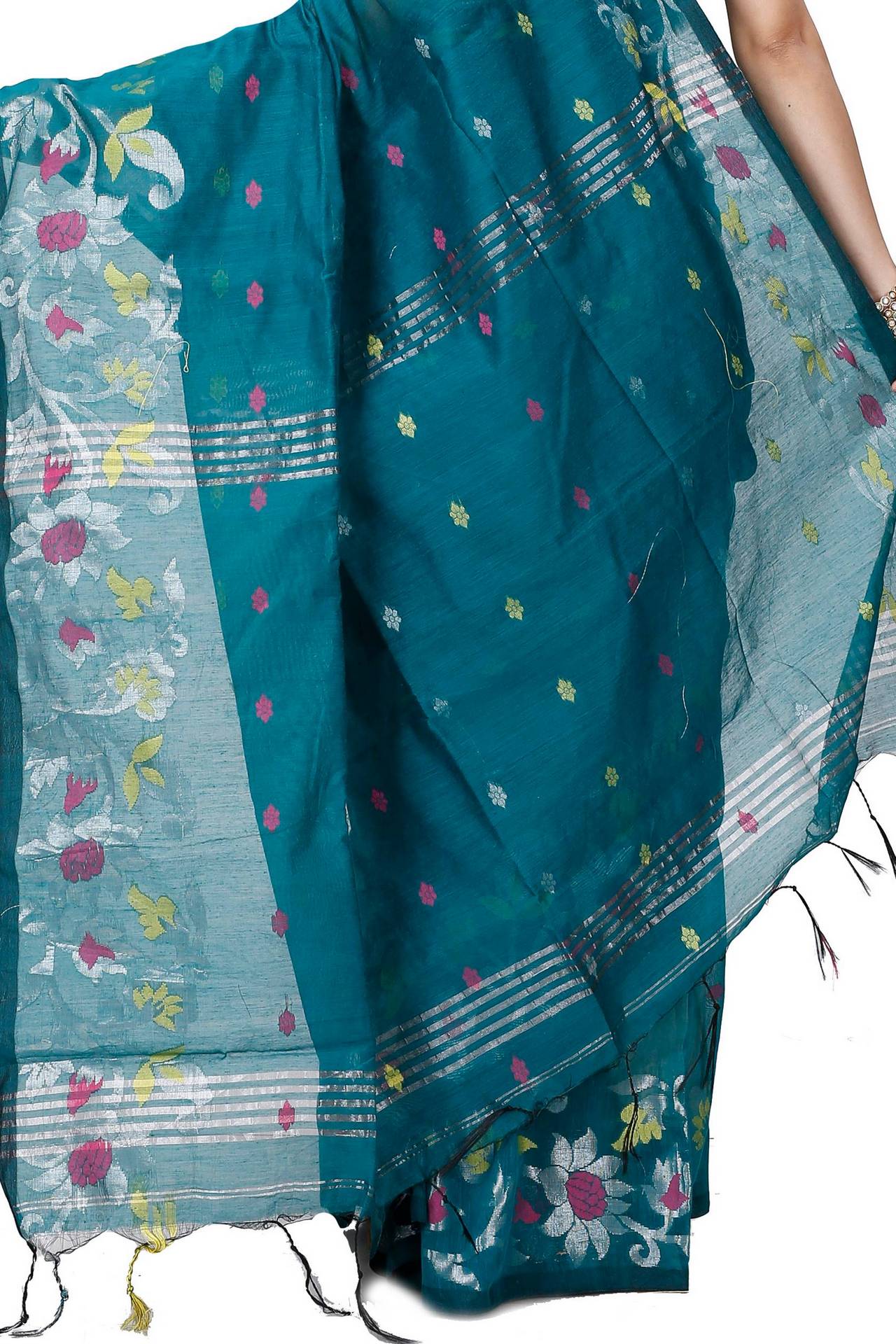 Dark Green Blended Cotton Nisa Hand Loom Saree (1369)