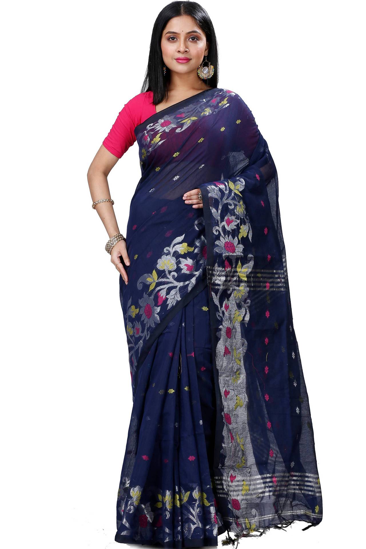 Dark Blue Blended Cotton Nisa Hand Loom Saree (1370)