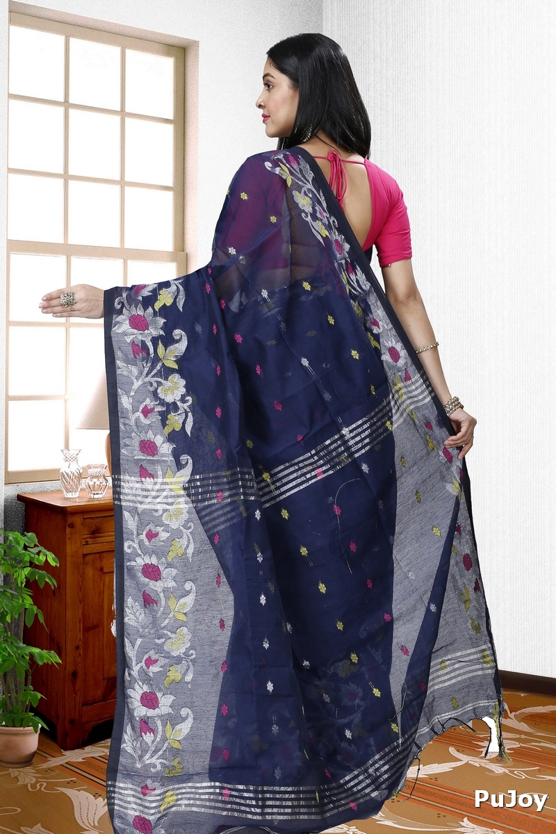Dark Blue Blended Cotton Nisa Hand Loom Saree (1370)
