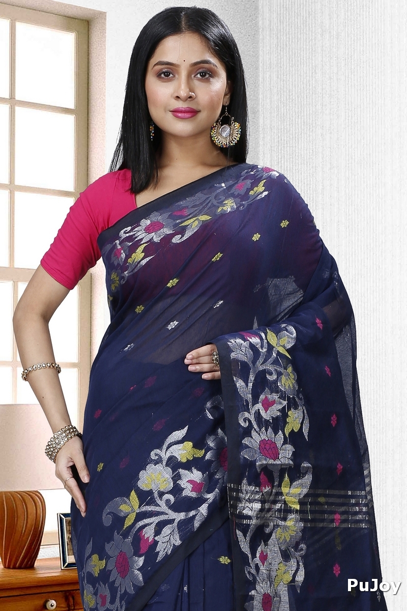 Dark Blue Blended Cotton Nisa Hand Loom Saree (1370)