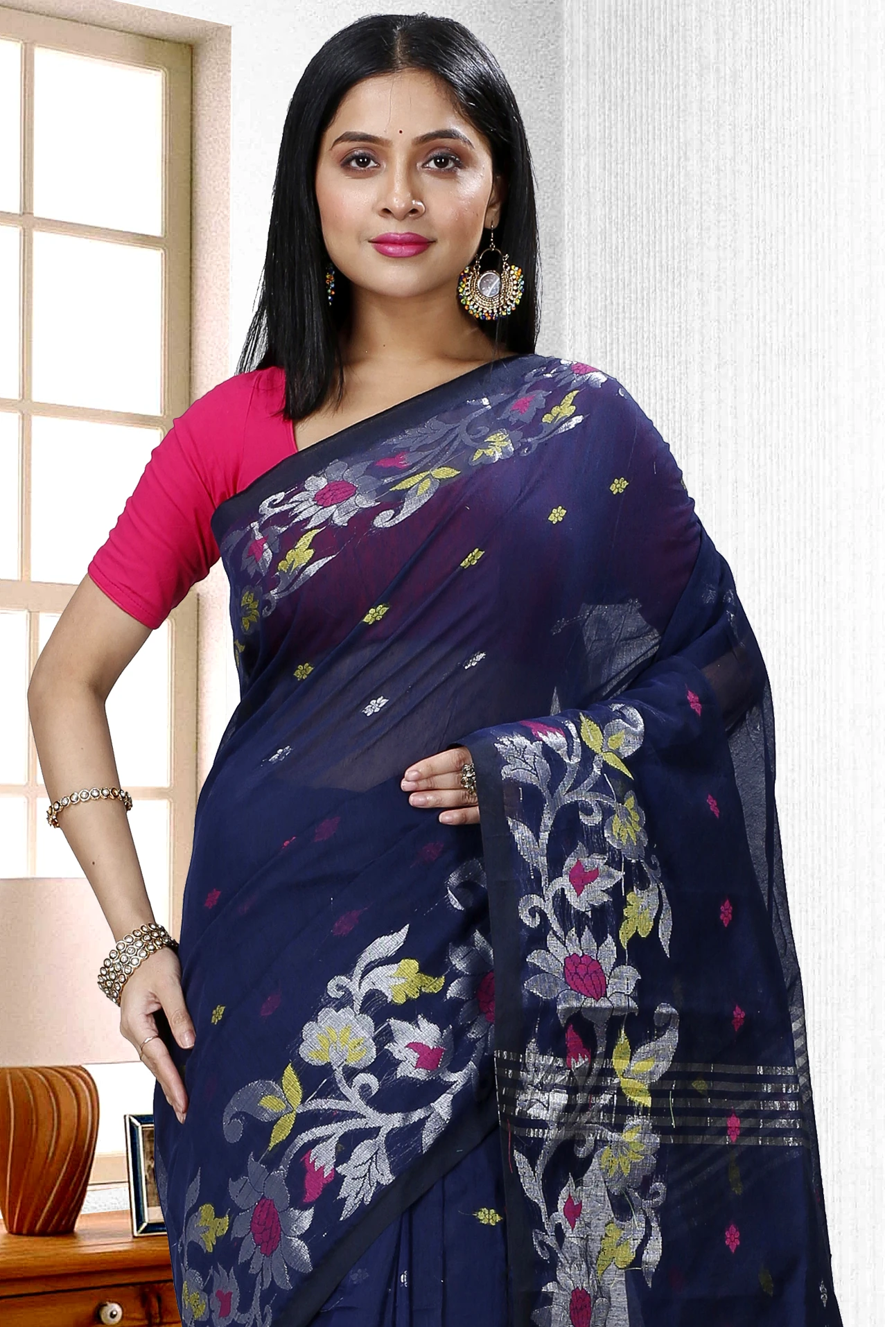Dark Blue Blended Cotton Nisa Hand Loom Saree (1370)