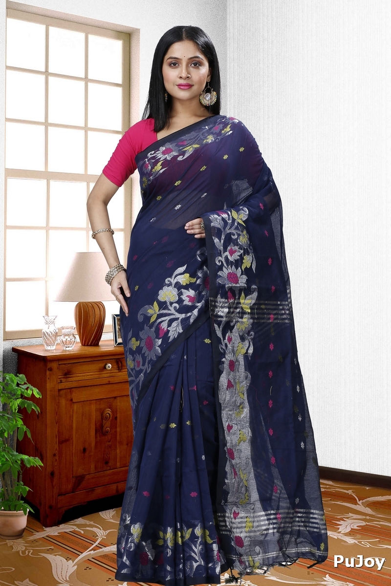 Dark Blue Blended Cotton Nisa Hand Loom Saree (1370)