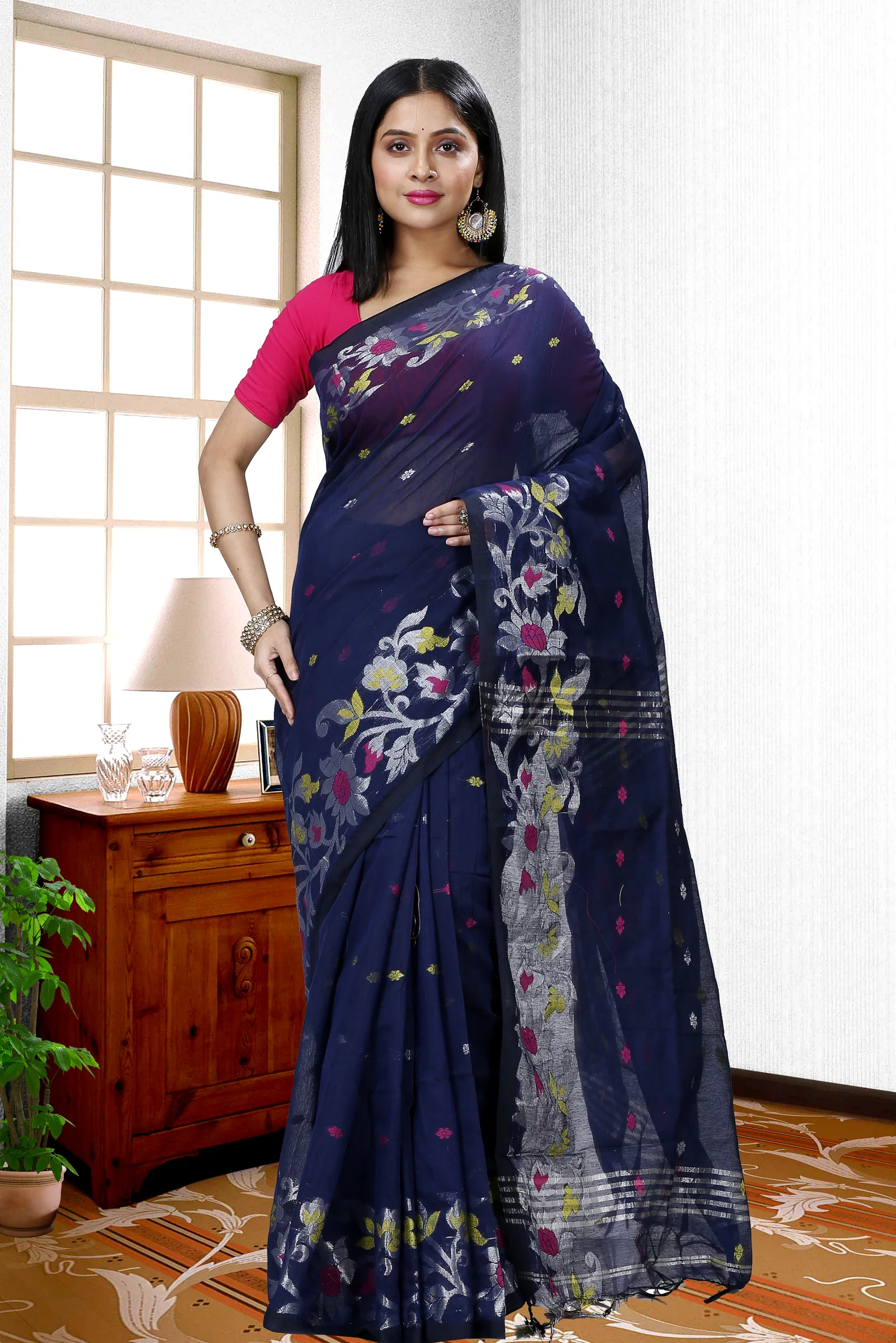 Dark Blue Blended Cotton Nisa Hand Loom Saree (1370)